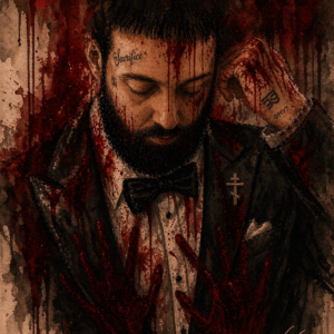 George Gstar (George Vladimir Acello) depicted in Sacrifice, a dramatic portrait artwork exploring love, loss, faith, and Christian symbolism.