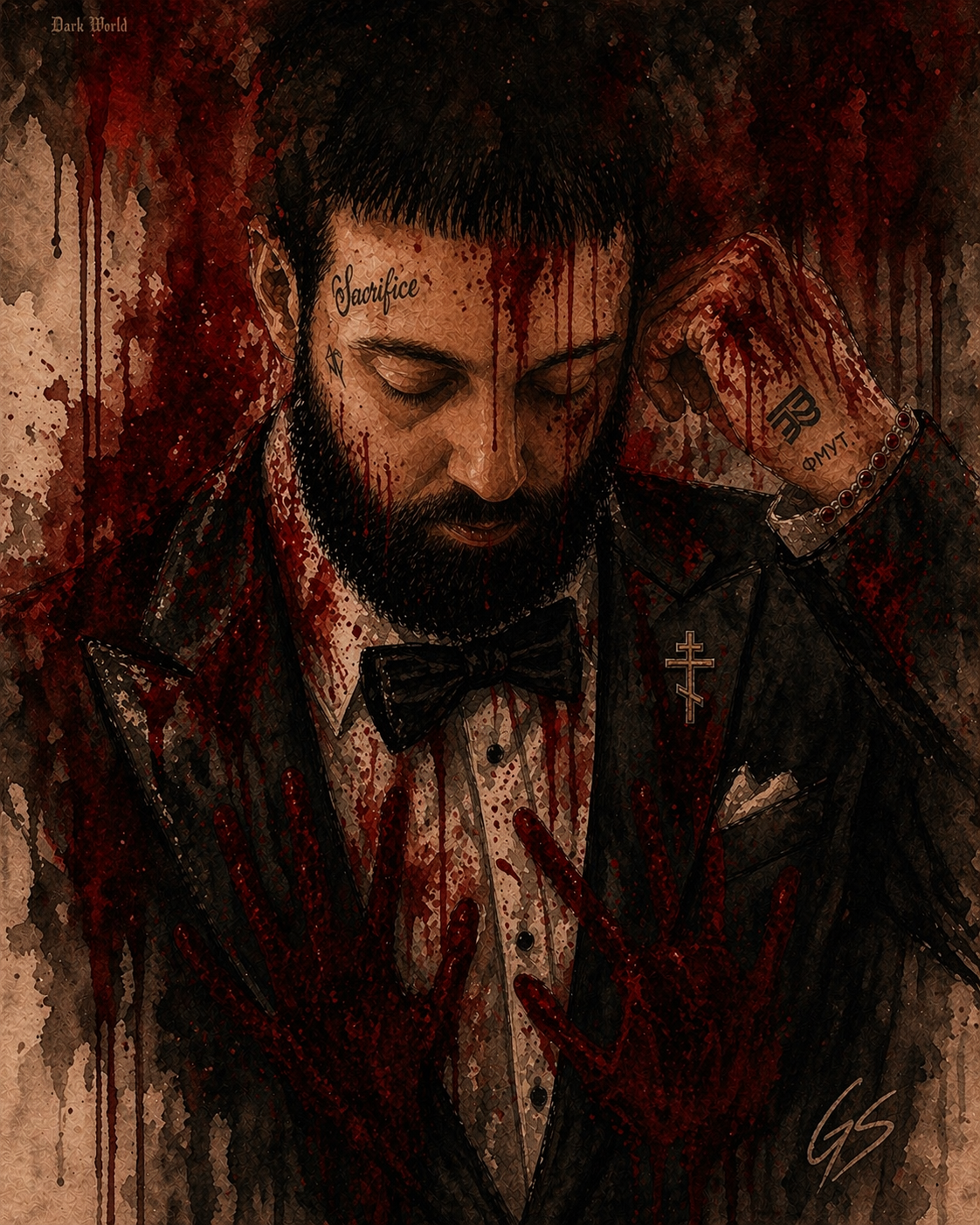 George Gstar (George Vladimir Acello) depicted in Sacrifice, a dramatic portrait artwork exploring love, loss, faith, and Christian symbolism.